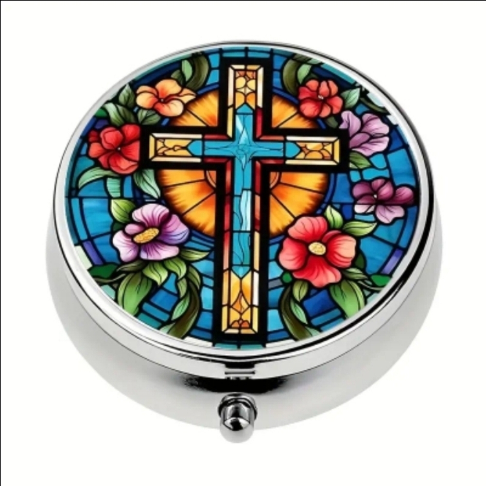 Stained Glass Cross Design 3 Compartment Pill Box